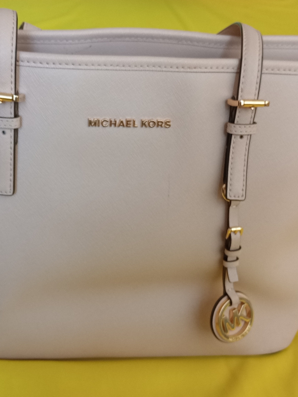 Michael Kors Cream Leather Tote with Gold Logo Charm